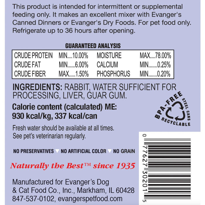 Evangers Grain Free Rabbit Canned Dog and Cat Food - 077627311017
