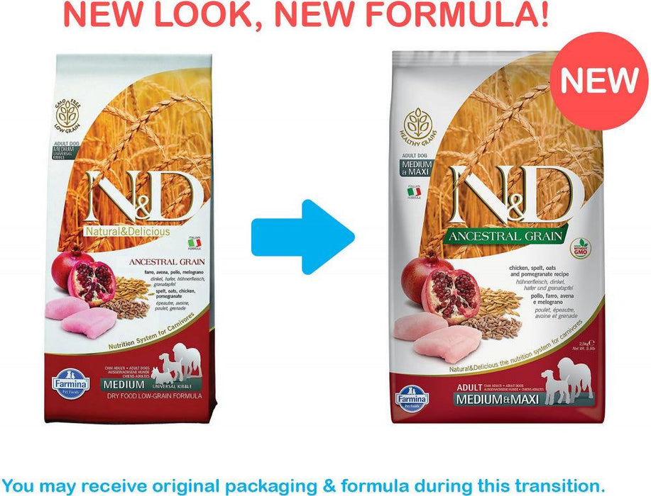 Farmina N&D Natural and Delicious Ancestral Grain Medium & Maxi Chicken & Pomegranate Adult Dry Dog Food - 8010276036247