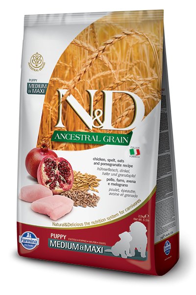 Farmina N&D Natural & Delicious Ancestral Grain Medium & Maxi Puppy Chicken & Pomegranate Dry Dog Food - 8010276036179