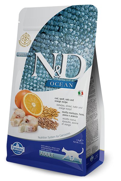 Farmina Ocean N&D Natural & Delicious Adult Cod, Spelt, Oats & Orange Dry Cat Food - 8010276036780