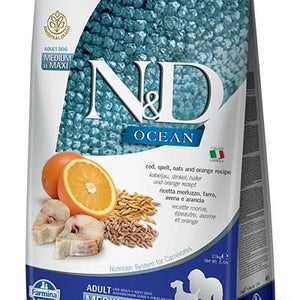 Farmina Ocean N&D Natural & Delicious Medium & Maxi Adult Cod, Spelt, Oats & Orange Dry Dog Food - 8010276036629
