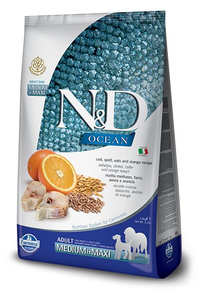 Farmina Ocean N&D Natural & Delicious Medium & Maxi Adult Cod, Spelt, Oats & Orange Dry Dog Food - 8010276036629