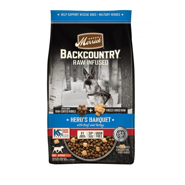 Merrick Backcountry Grain Free Dry Adult Dog Food, Kibble With Freeze Dried Raw Pieces Heros Banquet Recipe - 022808370673