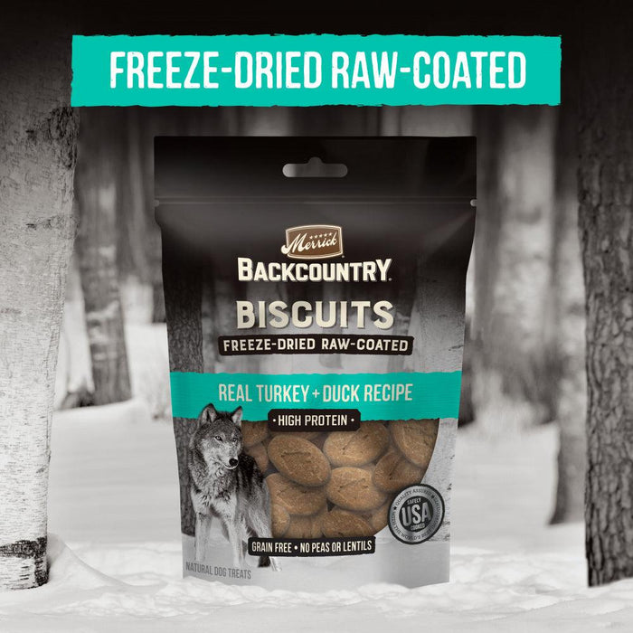 Merrick Backcountry Grain Free Turkey & Duck Recipe Freeze Dried Raw Coated Biscuit Dog Treats - 022808760030