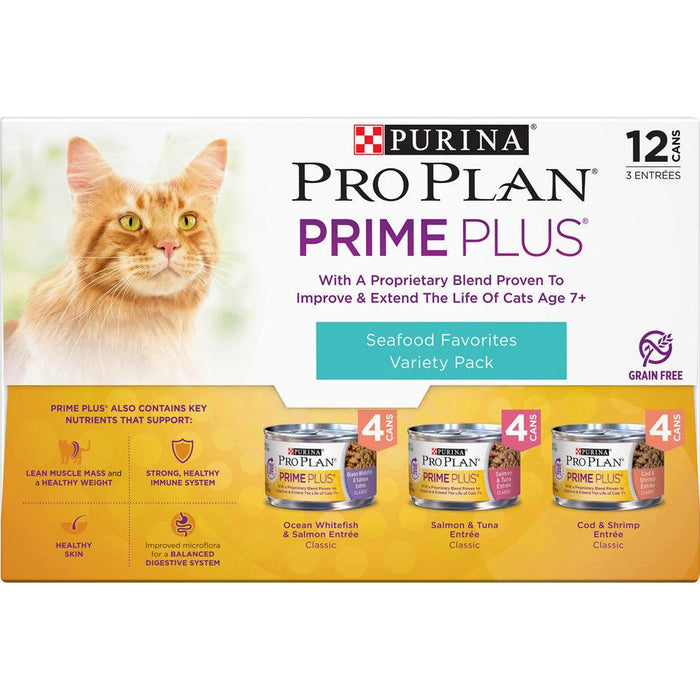 Purina Pro Plan Grain-Free Senior Pate Prime Plus Seafood Favorites Wet Cat Food Variety Pack - 00038100179807