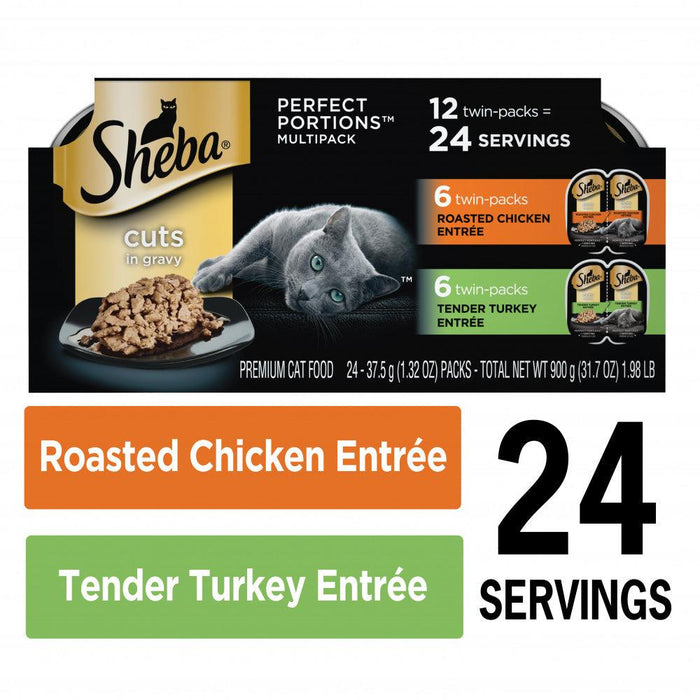 Sheba Cuts In Gravy Roasted Chicken Entre & Tender Turkey Entre Multipack Perfect Portions Twinpack Wet Cat Food - 4