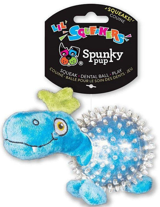 Spunky Pup Lil Squeakers Dino In Cear Spiky Ball Dog Toy Assorted Colors - 851613003076